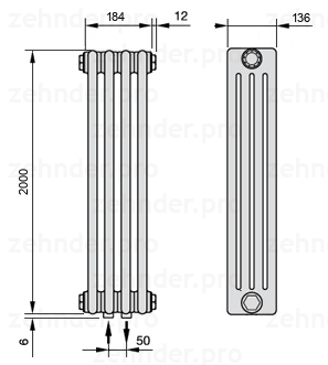 Схема (чертеж) Радиатор Zehnder Charleston 4200/4 №3470 Белый глянцевый RAL 9016